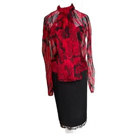 Conjunto de Saia e Blusa Dior de Seda e Algodão Preto e Vermelho Preto Vermelho