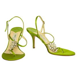 Jimmy Choo-Jimmy Choo Green Crystal Flower Thong Sandals Slim Heel Strappy Shoes 39.5-Green