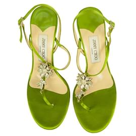Jimmy Choo-Jimmy Choo Green Crystal Flower Thong Sandals Slim Heel Strappy Shoes 39.5-Green