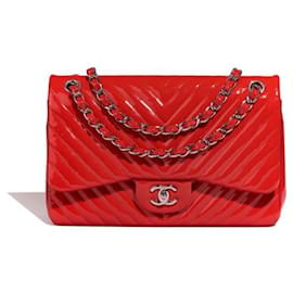 Chanel-Chanel Red Patent Leather Timeless Classic Maxi Chevron Flap Bag with Silver Hardware.-Red,Silver hardware