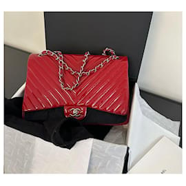 Chanel-Chanel Red Patent Leather Timeless Classic Maxi Chevron Flap Bag with Silver Hardware.-Red,Silver hardware
