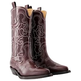 Ganni-Mid Shaft Boots - Ganni - Leather - Burgundy-Red,Dark red