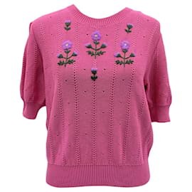 Gucci-Mélange de coton rose broderie florale pull menthe taille XL-Rose