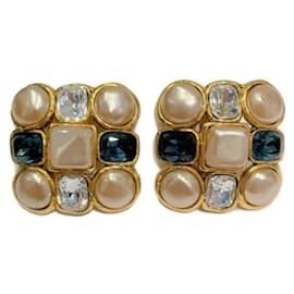Chanel-***Pendientes de diamantes de imitación de perlas vintage CHANEL-Blanco,Azul,Dorado