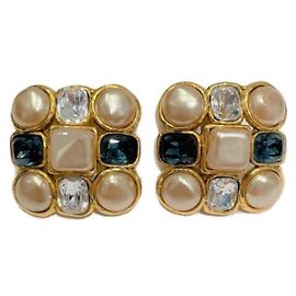 ***CHANEL Vintage-Perlen-Strass-Ohrringe Weiß Blau Golden
