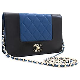Chanel-CHANEL Cartera azul negra con cadena Bolso de hombro WOC Bandolera Dorado-Negro