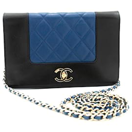 Chanel-CHANEL Schwarz-blaue Geldbörse an der Kette WOC Umhängetasche Umhängetasche Gold-Schwarz