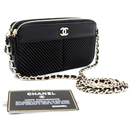 Chanel-CHANEL V-Stitch-Lammleder-Geldbörse mit Kette und WOC-gefütterter Reißverschluss-Kettentasche-Schwarz