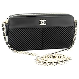 Chanel-Cartera CHANEL de piel de cordero con puntada en V y cadena Bolso con cadena y cremallera forrado WOC-Negro