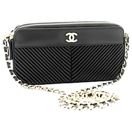 Chanel-CHANEL V-Stitch-Lammleder-Geldbörse mit Kette und WOC-gefütterter Reißverschluss-Kettentasche-Schwarz