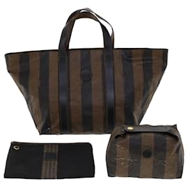 Fendi-FENDI Pecan Canvas Pouch Hand Bag 3Set Black Brown Auth yb206-Brown,Black