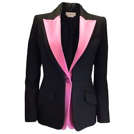 Alexander McQueen Schwarz / Rosafarbener Ein-Knopf-Wollblazer mit Satinkragen Schwarz