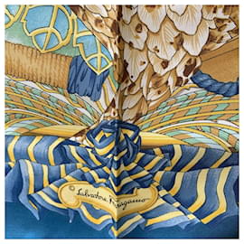 Salvatore Ferragamo-Vintage Teal Birds Print Silk Scarf-Turquoise