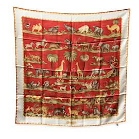 Salvatore Ferragamo-Vintage Red Animals Print Silk Scarf-Red