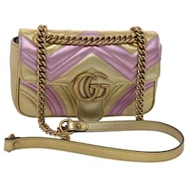 Gucci-GUCCI GG Marmont Chain Shoulder Bag Leather Gold 446744 Auth am4580-Golden