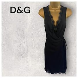 D&G-D&G Dolce & Gabbana Black Lace Trim Sleeveless Mini Wrap Dress Party Club UK 12-Black