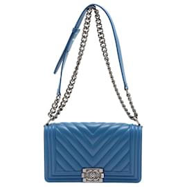 Chanel-Boy Medium Chevron Calfskin Blue Flap Bag-Blue