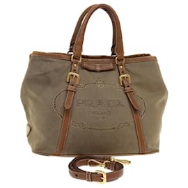 Prada-PRADA Hand Bag Canvas Leather 2way Shoulder Bag Brown Auth bs6397-Brown