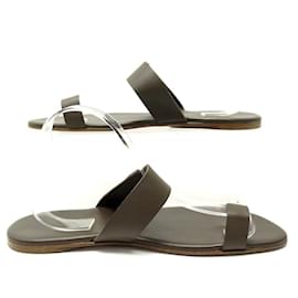 Hermès-HERMES SHOES FLIP FLOPS LOCK 42 KHAKI LEATHER SANDALS KAHKI LEATHER SHOES-Khaki