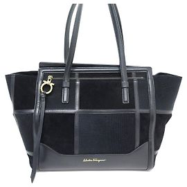 SALVATORE FERRAGAMO AMY PATCHWORK BOLSA DE MÃO PRETA DE COURO E CAMURÇA Preto