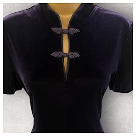 Joseph Ribkoff-Joseph Ribkoff Robe mi-longue orientale Cheongsam vintage en velours violet pour femme UK 12 US 8-Violet foncé