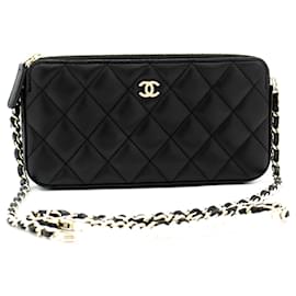 Chanel-CHANEL Lammleder-Perlenbrieftasche an der Kette, WOC-gefütterte Reißverschluss-Kettentasche-Schwarz