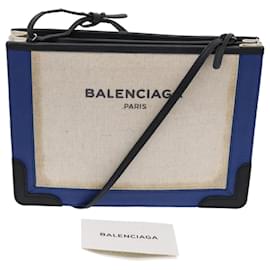 Balenciaga-BALENCIAGA Navy Pochette Shoulder Bag Coated Canvas White 339937 Auth bs6468-White