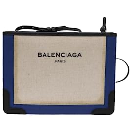 Balenciaga-BALENCIAGA Navy Pochette Shoulder Bag Coated Canvas White 339937 Auth bs6468-White