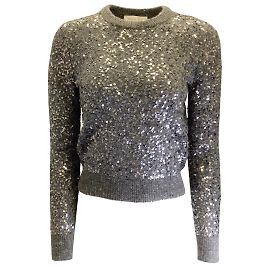 Michael Kors Collection Grauer Tweed-Pullover mit Rundhalsausschnitt und Pailletten Grau