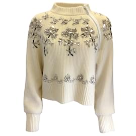 Sacai-Sacai Ivory / Silver Embellished Wool Knit Pullover Sweater-Cream