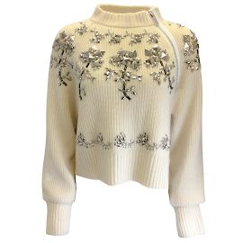 Sacai-Elfenbein / Silberner, verzierter Wollstrickpullover Roh