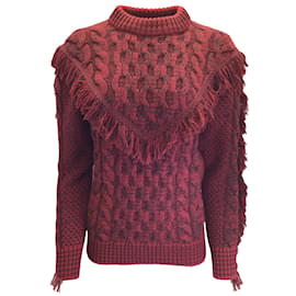Alanui-Alanui Red / Burgundy Fringed Detail Long Sleeved Cashmere Knit Pullover Sweater-Red