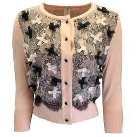 Oscar de la Renta Hellrosa / Schwarzer Strickjackenpullover mit Schleife, verzierter Paillettenspitze und Kaschmir Pink