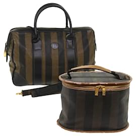 Fendi-FENDI Pecan Canvas Hand Bag Boston Bag Coated Canvas 2Set Brown Black Auth hk751-Brown,Black