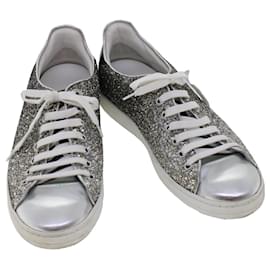 Louis Vuitton-LOUIS VUITTON Sneakers basse con glitter sul davanti in pelle 38.5 Argento LV Aut. ak199-Nero,Argento