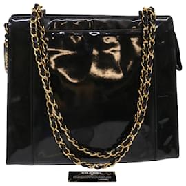 Chanel-CHANEL bolsa de ombro com corrente couro envernizado preto CC Auth bs6435-Preto