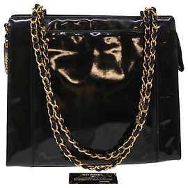 CHANEL Bolso de hombro con cadena Charol negro CC Auth bs6435 Negro