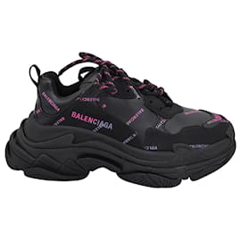 Balenciaga-Balenciaga Triple S Allover Logo Sneakers in Black Pink Polyurethane-Black