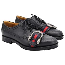 Gucci-Gucci Dionysus Buckle Web Accent Brogues in Black Calfskin Leather-Black