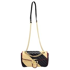Gucci-Gucci GG Marmont Torchon Small Tricolor Flap Bag in Beige Black Red Leather-Beige