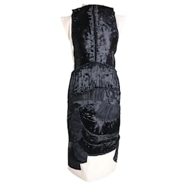 Bottega Veneta-Bottega Veneta Robe asymétrique longueur genou avec détails plissés en laine noire et chair-Noir