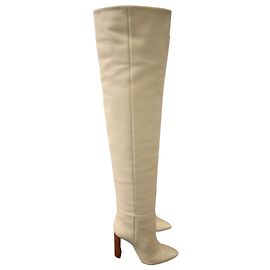 Saint Laurent Overknee-Stiefel mit Absatz aus elfenbeinfarbenem Leder Weiß Roh