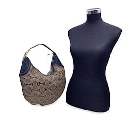 Gucci-Beige Canvas Horsebit Print Glam Hobo Shoulder Bag-Beige