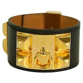 Hermès-Hermes Collier de Chien black box leather bracelet with Medor studs gold tone hardware-Black
