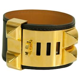 Hermès-Bracelet en cuir boîte noire Hermes Collier de Chien avec clous Medor matériel doré-Noir
