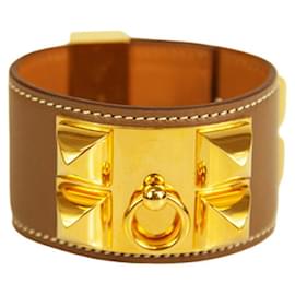 Hermès-Hermes Collier de Chien etoupe leather bracelet with Medor studs gold tone hardware-Camel