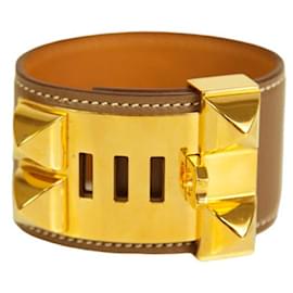 Hermès-Hermes Collier de Chien etoupe leather bracelet with Medor studs gold tone hardware-Camel