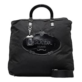 Prada-Prada Tessuto Logo Tote Bag Canvas Tote Bag in Good condition-Black