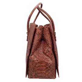 Nancy Gonzalez-Nancy Gonzalez Red Python Skin Leather Double Top Handle Satchel Handbag-Red
