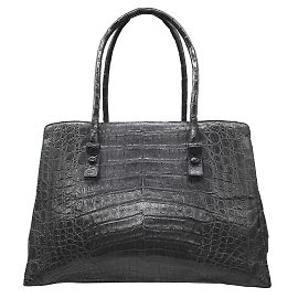 Nancy Gonzalez Dark Grey Crocodile Skin Leather lined Top Handle Handbag Grey